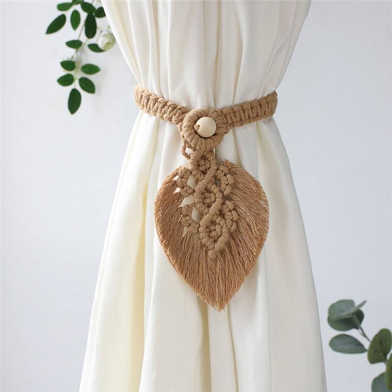 Bohemian Hand-Woven Curtain Strap Tie Rope Simple Tassel Leaf Wooden Bead Curtain Tie Rope Decoration, Curtain Buckle Ornaments - TheWellBeing4All