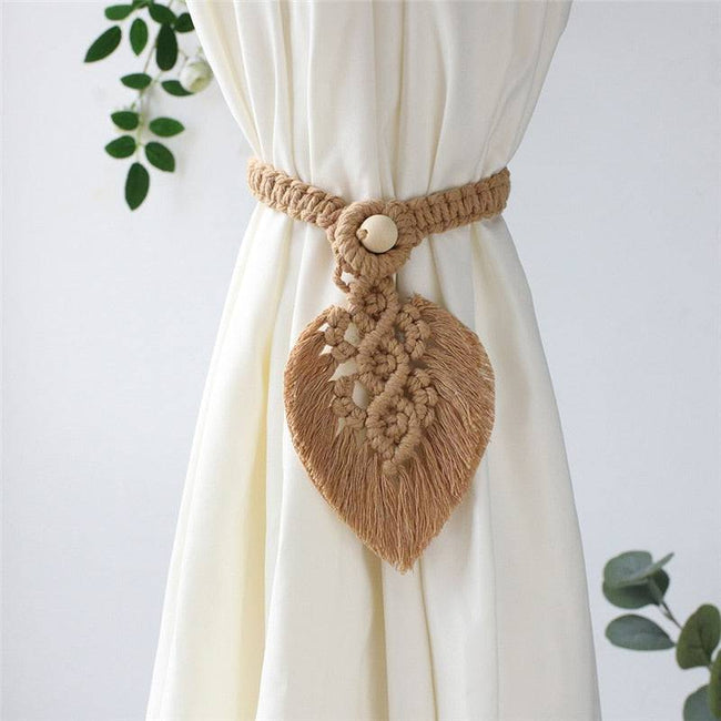 Bohemian Hand-Woven Curtain Strap Tie Rope Simple Tassel Leaf Wooden Bead Curtain Tie Rope Decoration, Curtain Buckle Ornaments - TheWellBeing4All