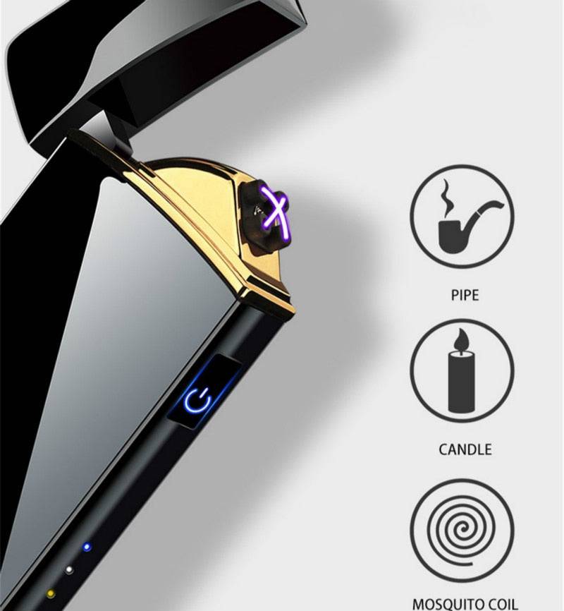 Windproof Metal Flameless Electric Lighter Dual Arc Plasma USB Lighter LED Power Display Touch Induction Lighter - TheWellBeing4All