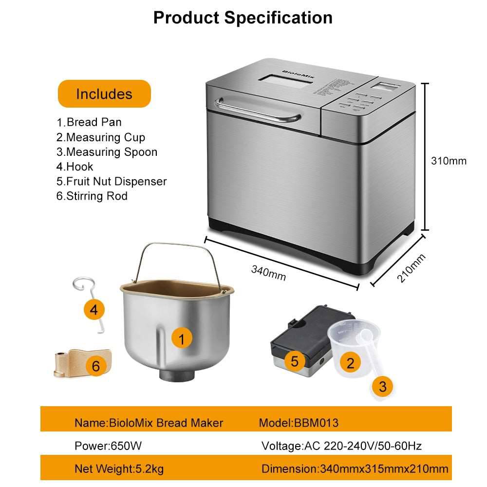 19-in-1 Automatic Bread Maker 650W Programmable Bread Machine with 3 Loaf Sizes Fruit Nut Dispenser - TheWellBeing4All