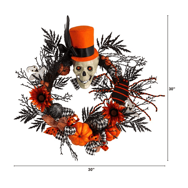 Halloween Confetti Spider & Skull Top Hat Wreath - 26-30 Inches - TheWellBeing4All