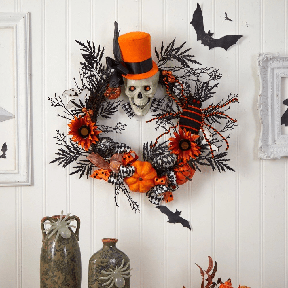 Halloween Confetti Spider & Skull Top Hat Wreath - 26-30 Inches - TheWellBeing4All