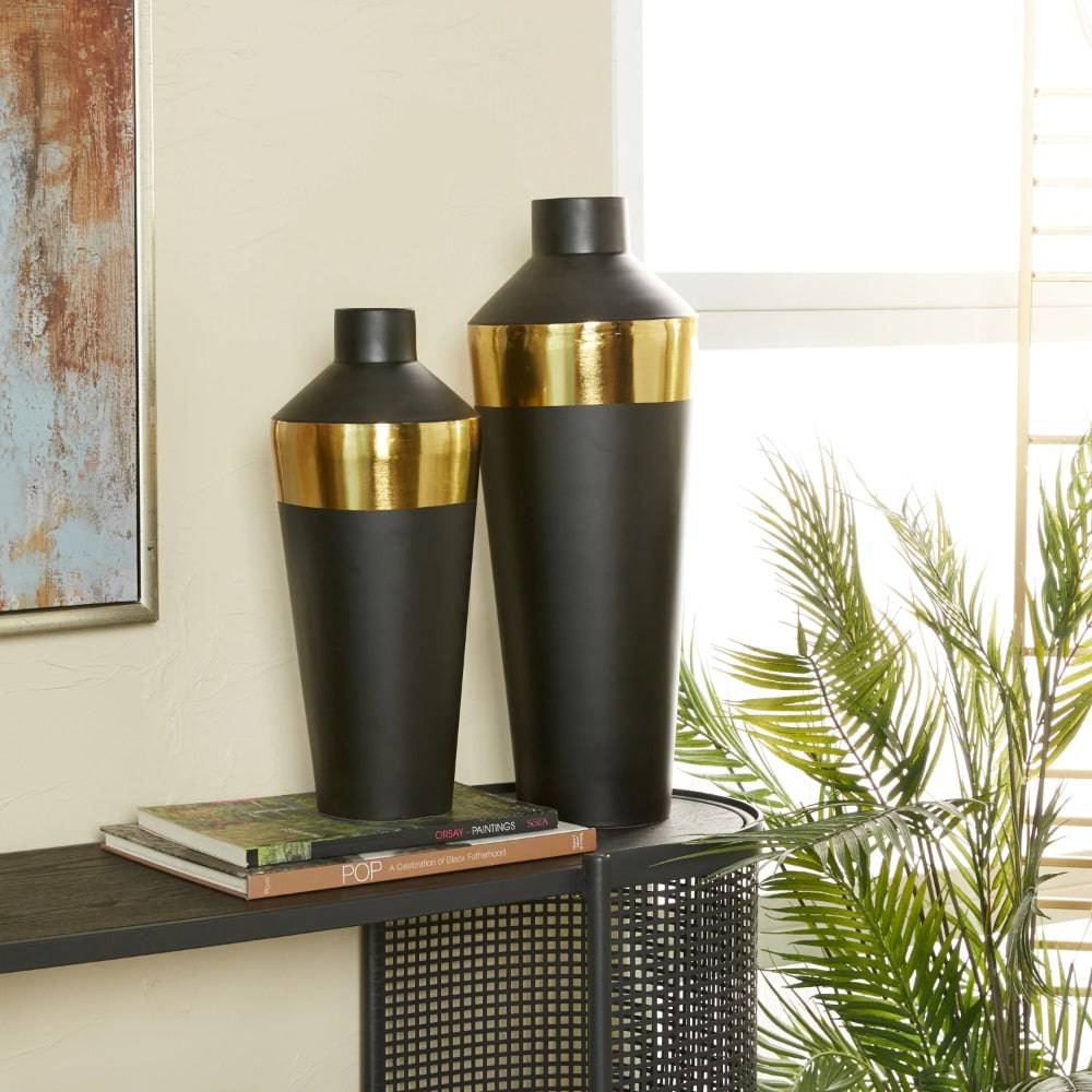 BOUSSAC Black Metal Vase with Gold Band, Set of 2 Home Decoration Vase - TheWellBeing4All