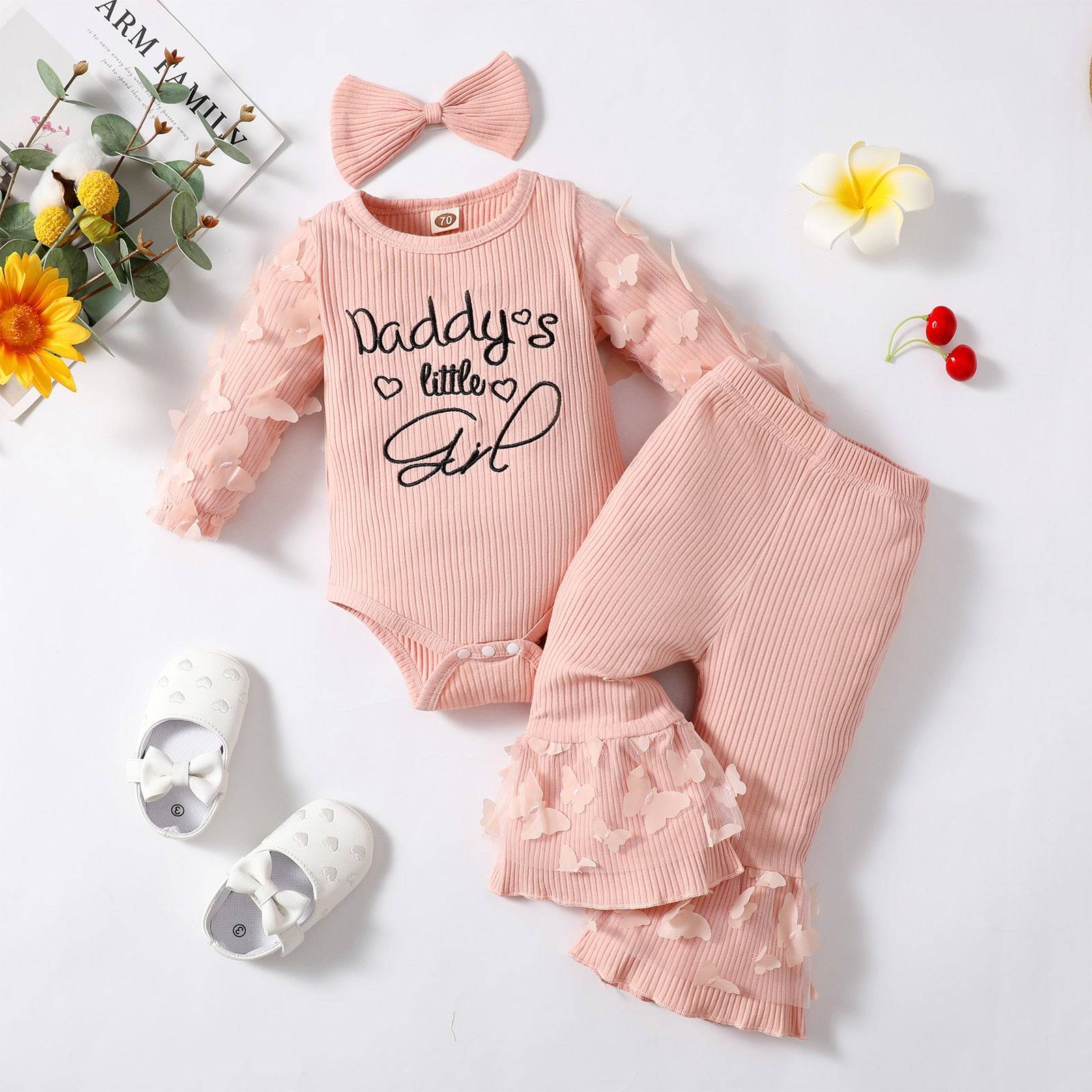 Newborn Baby Girls Clothes Set Pink Toddler Ruffle Tops Heart Print Bow Trousers Princess Casual Infant Outfits Clothes Suit - TheWellBeing4All