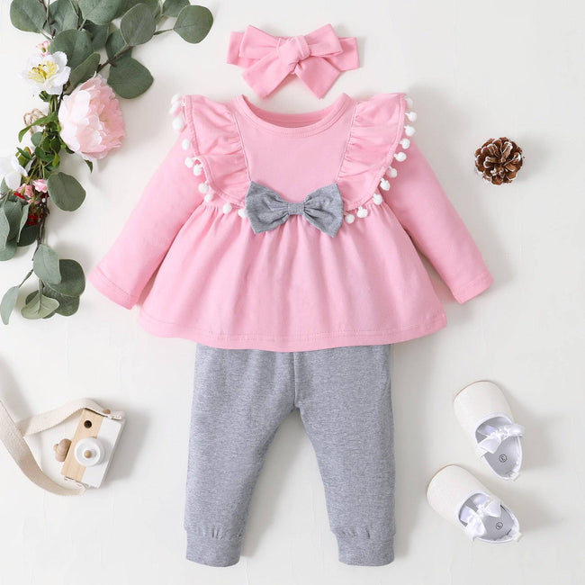 Newborn Baby Girls Clothes Set Pink Toddler Ruffle Tops Heart Print Bow Trousers Princess Casual Infant Outfits Clothes Suit - TheWellBeing4All