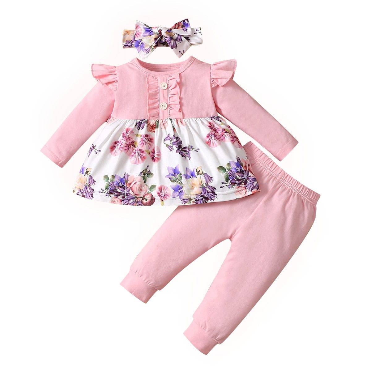 Newborn Baby Girls Clothes Set Pink Toddler Ruffle Tops Heart Print Bow Trousers Princess Casual Infant Outfits Clothes Suit - TheWellBeing4All