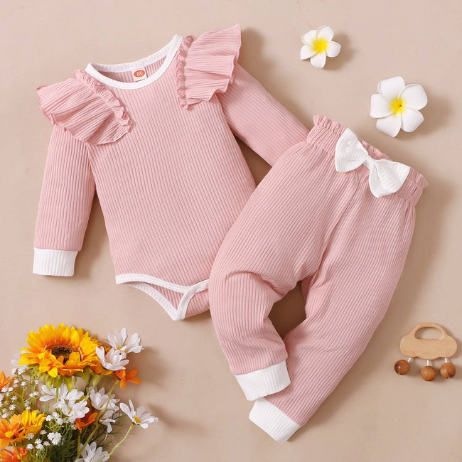 Newborn Baby Girls Clothes Set Pink Toddler Ruffle Tops Heart Print Bow Trousers Princess Casual Infant Outfits Clothes Suit - TheWellBeing4All