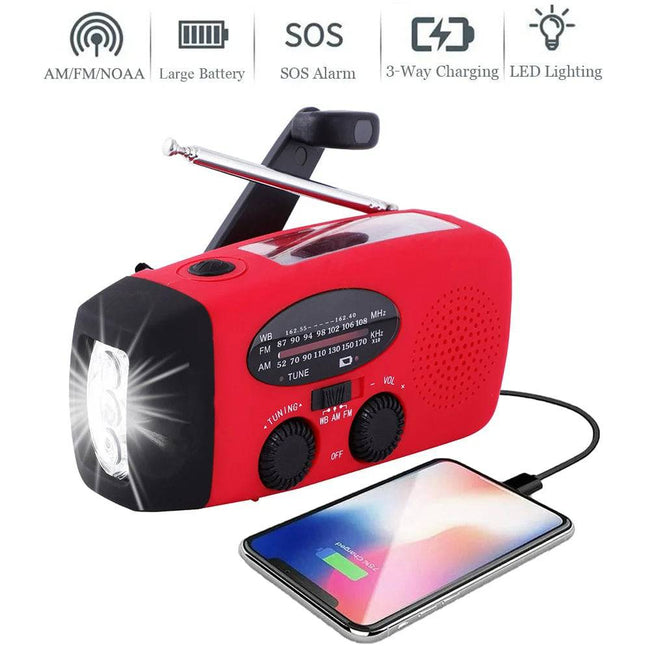 Solar Hand Crank Powered Camping Light With AM/FM Radio Outdoor 2000mAh USB Charging Multifunctional Hand Dynamo LED Flashlight - TheWellBeing4All