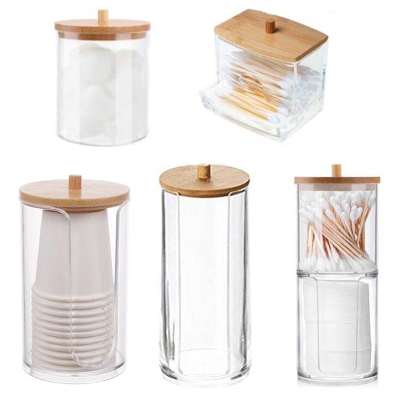 Acrylic Storage Box Bathroom Jar Organizer Cotton Round Pad Holder Cotton Swab Box Holder Dispenser with Bamboo Lid - TheWellBeing4All