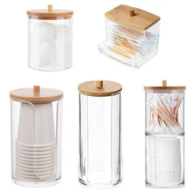 Acrylic Storage Box Bathroom Jar Organizer Cotton Round Pad Holder Cotton Swab Box Holder Dispenser with Bamboo Lid - TheWellBeing4All