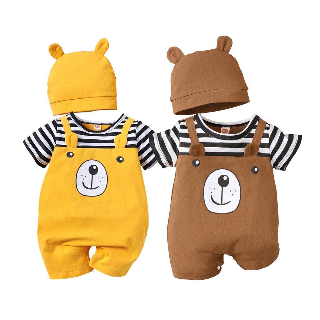 Newborn Baby Boy Bodysuit Bear Print Striped Short Sleeve Romper Jumpsuit with Hat Lovely Clothes - TheWellBeing4All