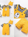 Newborn Baby Boy Bodysuit Bear Print Striped Short Sleeve Romper Jumpsuit with Hat Lovely Clothes - TheWellBeing4All