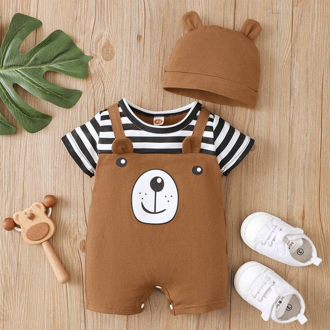 Newborn Baby Boy Bodysuit Bear Print Striped Short Sleeve Romper Jumpsuit with Hat Lovely Clothes - TheWellBeing4All