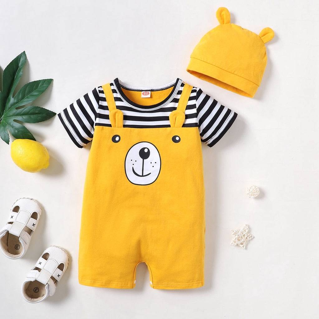 Newborn Baby Boy Bodysuit Bear Print Striped Short Sleeve Romper Jumpsuit with Hat Lovely Clothes - TheWellBeing4All