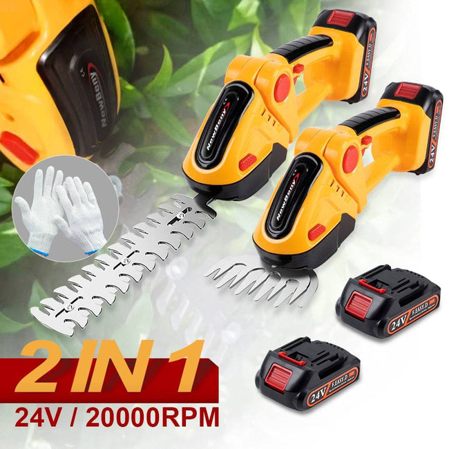 Electric Hedge Trimmer 20000RPM Rechargeable Handheld Household Shrub Weeding Pruning Mower Garden Tools 2 in 1 24V Cordless - TheWellBeing4All