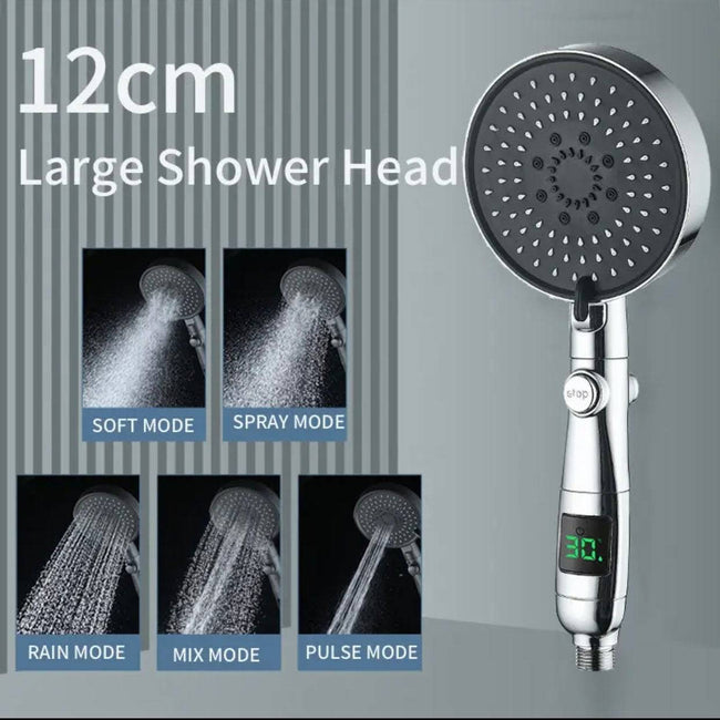 TheWellBeing ™ 5-Mode Adjustable High-Pressure Hand Hold Bath Showerhead Temperature Digital LED Display Shower Head - TheWellBeing4All