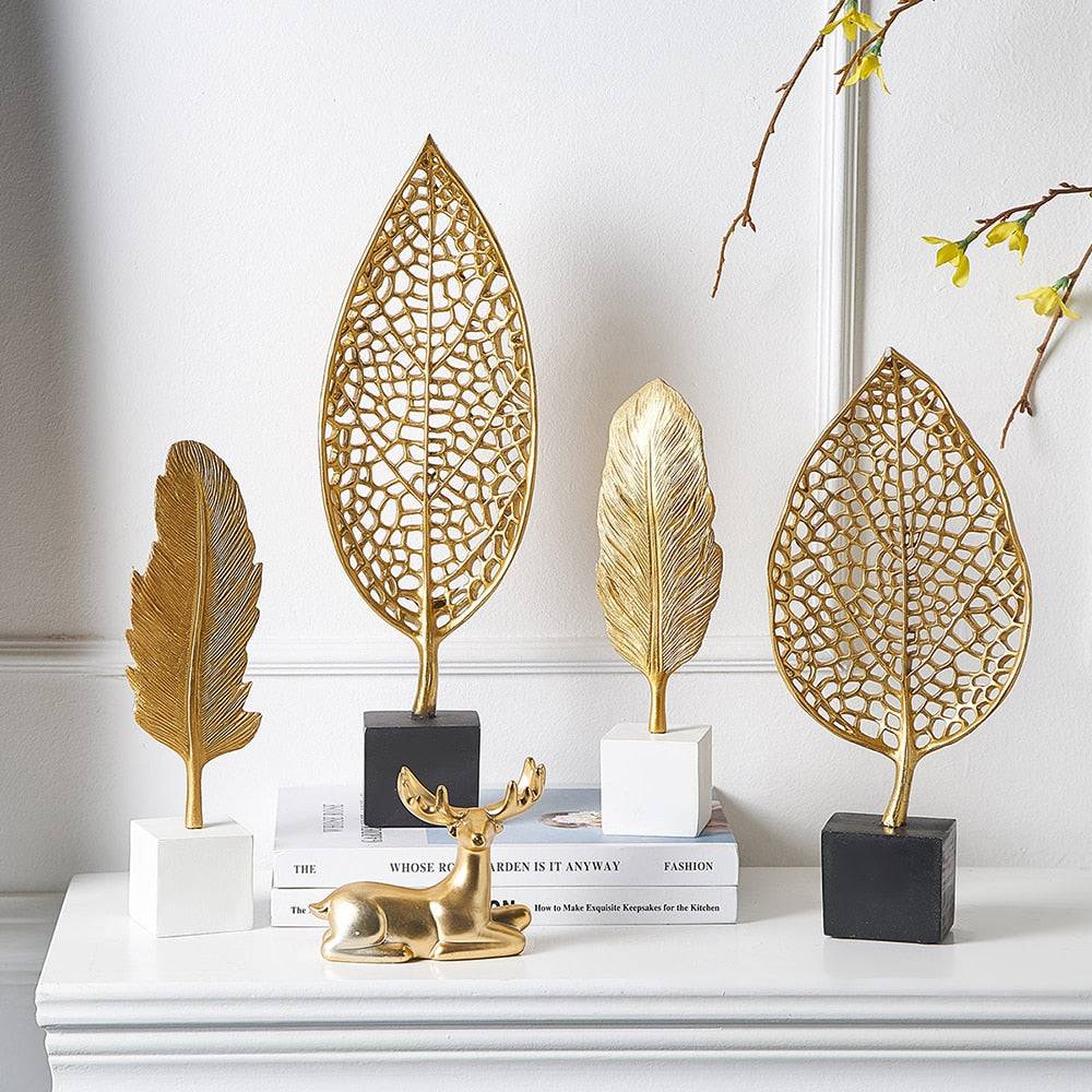 Creative Modern Golden Leaf Ornament Home Living Room Decoration Metal Figurines Flowers Ornaments Miniature Metal Figurines - TheWellBeing4All