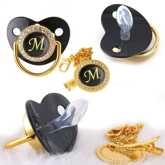 Black Bling Baby Pacifier And Clip Alphabet Letter M Infant Pacifier Gold Letter Unique Name Initials Baby Shower Gift - TheWellBeing4All