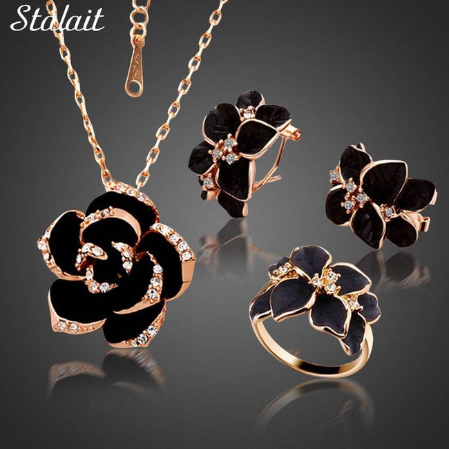 Rose Flower Enamel Jewelry Set Rose Gold Color Black Bridal Jewelry Sets for Women Wedding - TheWellBeing4All