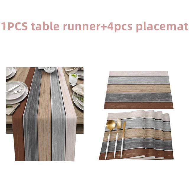 Farmhouse Wood Texture Table Runner Placemats Combination Set Wedding Party Event Dining Table Decoration Hotel Home Tablecloth - TheWellBeing4All