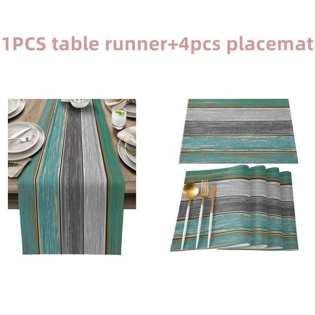 Farmhouse Wood Texture Table Runner Placemats Combination Set Wedding Party Event Dining Table Decoration Hotel Home Tablecloth - TheWellBeing4All