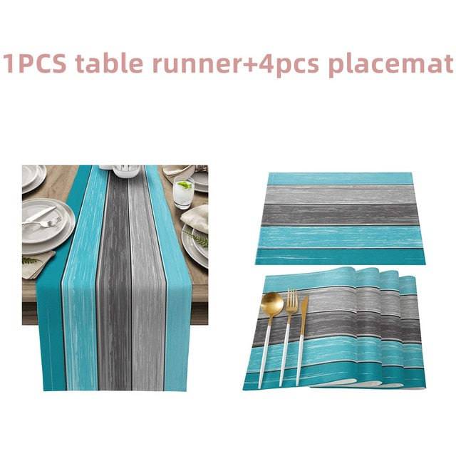 Farmhouse Wood Texture Table Runner Placemats Combination Set Wedding Party Event Dining Table Decoration Hotel Home Tablecloth - TheWellBeing4All