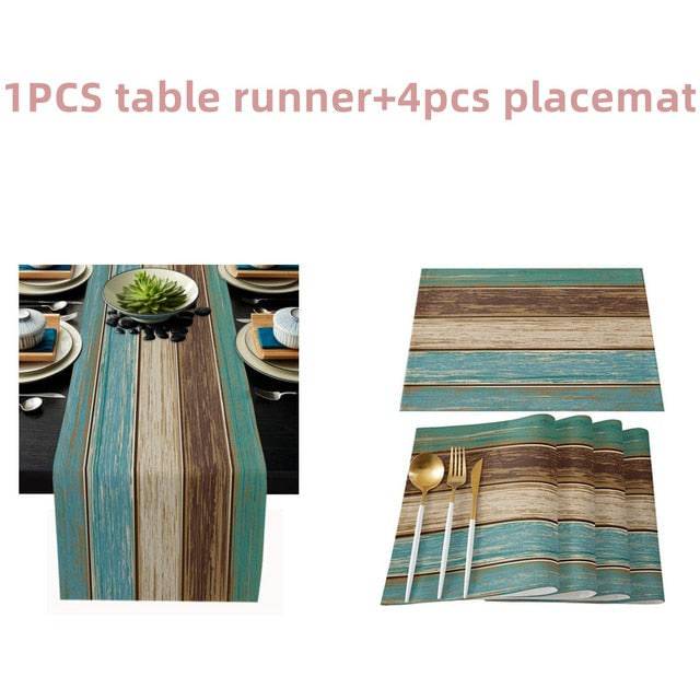 Farmhouse Wood Texture Table Runner Placemats Combination Set Wedding Party Event Dining Table Decoration Hotel Home Tablecloth - TheWellBeing4All