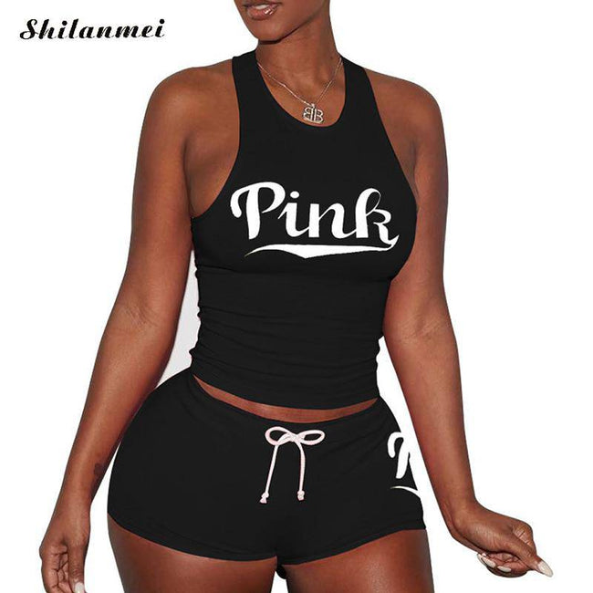 Women'S Tracksuit Set Pink Letter Print Casual Summer Two Piece Sets Plus Size Tracksuits Women Tank Top and Shorts Outfit - TheWellBeing4All