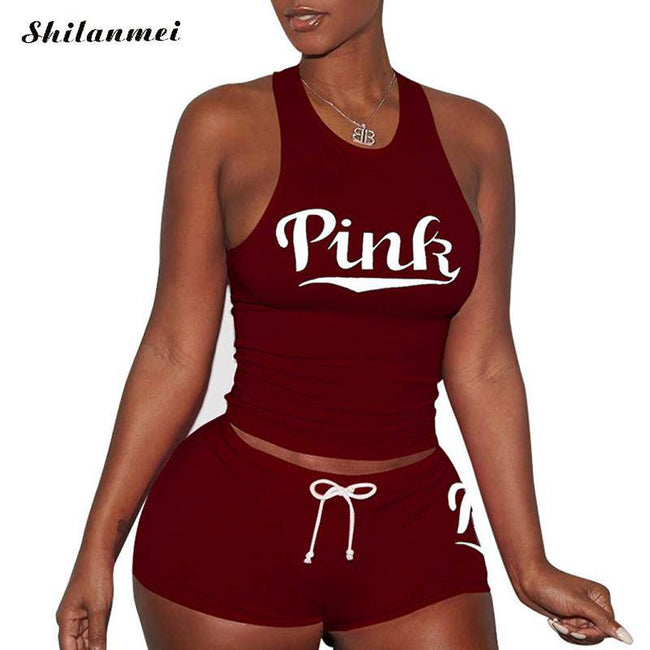 Women'S Tracksuit Set Pink Letter Print Casual Summer Two Piece Sets Plus Size Tracksuits Women Tank Top and Shorts Outfit - TheWellBeing4All