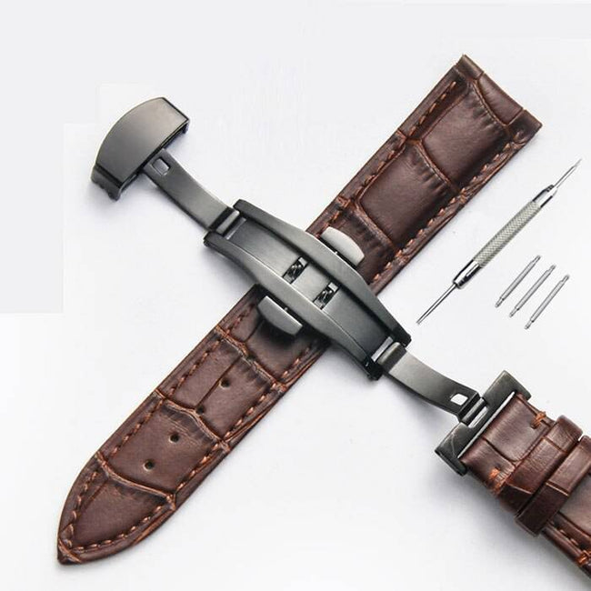 Strap Bamboo Pattern Strap Genuine Leather Watchband with Double Press Butterfly Buckle Watches - TheWellBeing4All