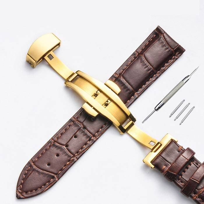 Strap Bamboo Pattern Strap Genuine Leather Watchband with Double Press Butterfly Buckle Watches - TheWellBeing4All