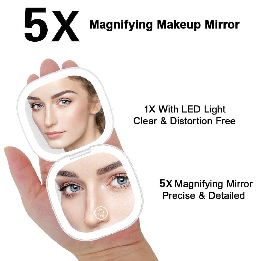 Mini Compact Led Makeup Mirror With Light 5X Magnifying - TheWellBeing4All