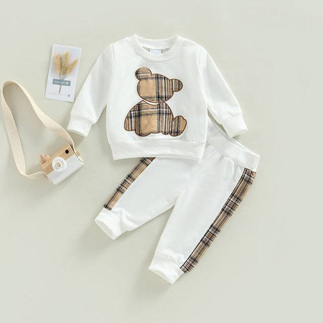 Baby Long Sleeve Plaid Bear Pattern Tops Sweatshirt Pants Outfits Tracksuits - TheWellBeing4All