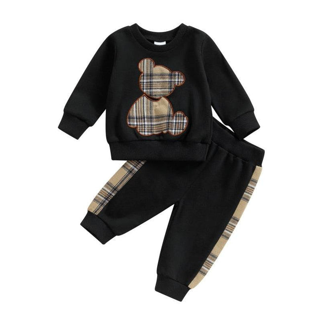 Baby Long Sleeve Plaid Bear Pattern Tops Sweatshirt Pants Outfits Tracksuits - TheWellBeing4All