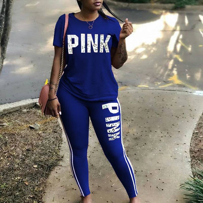 Plus Size 2 Piece Set Woman Tracksuit Casual Pink Letter Print Sexy Sweat Suits Short Sleeve Tee Shirt Top Skinny Pants XXXL - TheWellBeing4All