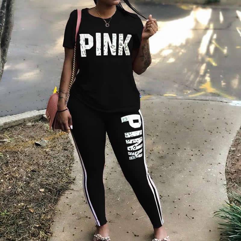 Plus Size 2 Piece Set Woman Tracksuit Casual Pink Letter Print Sexy Sweat Suits Short Sleeve Tee Shirt Top Skinny Pants XXXL - TheWellBeing4All