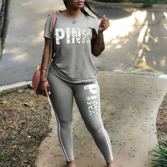 Plus Size 2 Piece Set Woman Tracksuit Casual Pink Letter Print Sexy Sweat Suits Short Sleeve Tee Shirt Top Skinny Pants XXXL - TheWellBeing4All