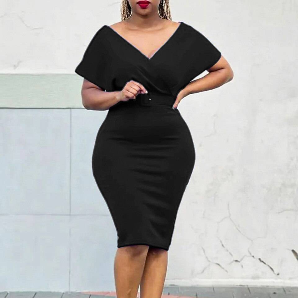 Women dress Sexy Solid Off Shoulder V Neck Sleeveless with Belt Women - TheWellBeing4All