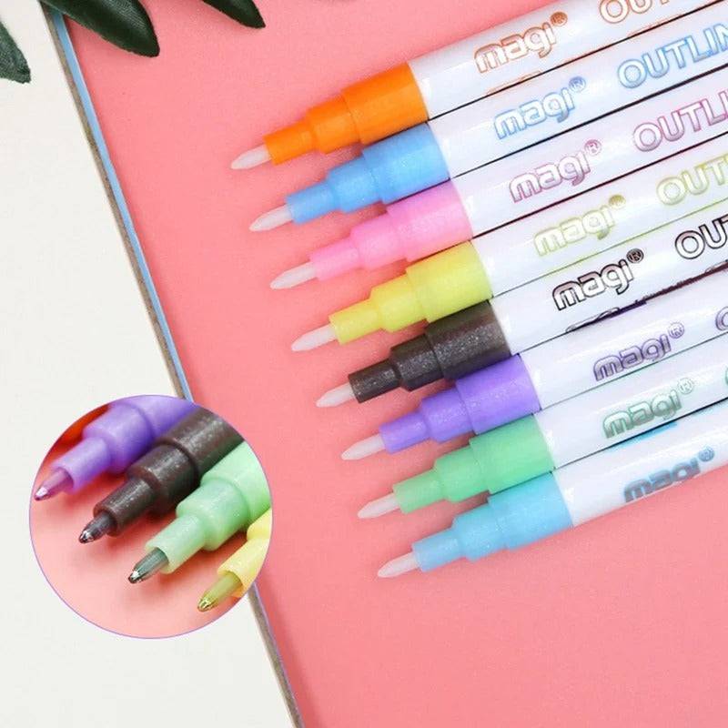 TheWellBeing™️Vibrant 8-Piece Double Line Contour Pens Set - Multicolor Highlighter Pens for Art and Drawing - TheWellBeing4All