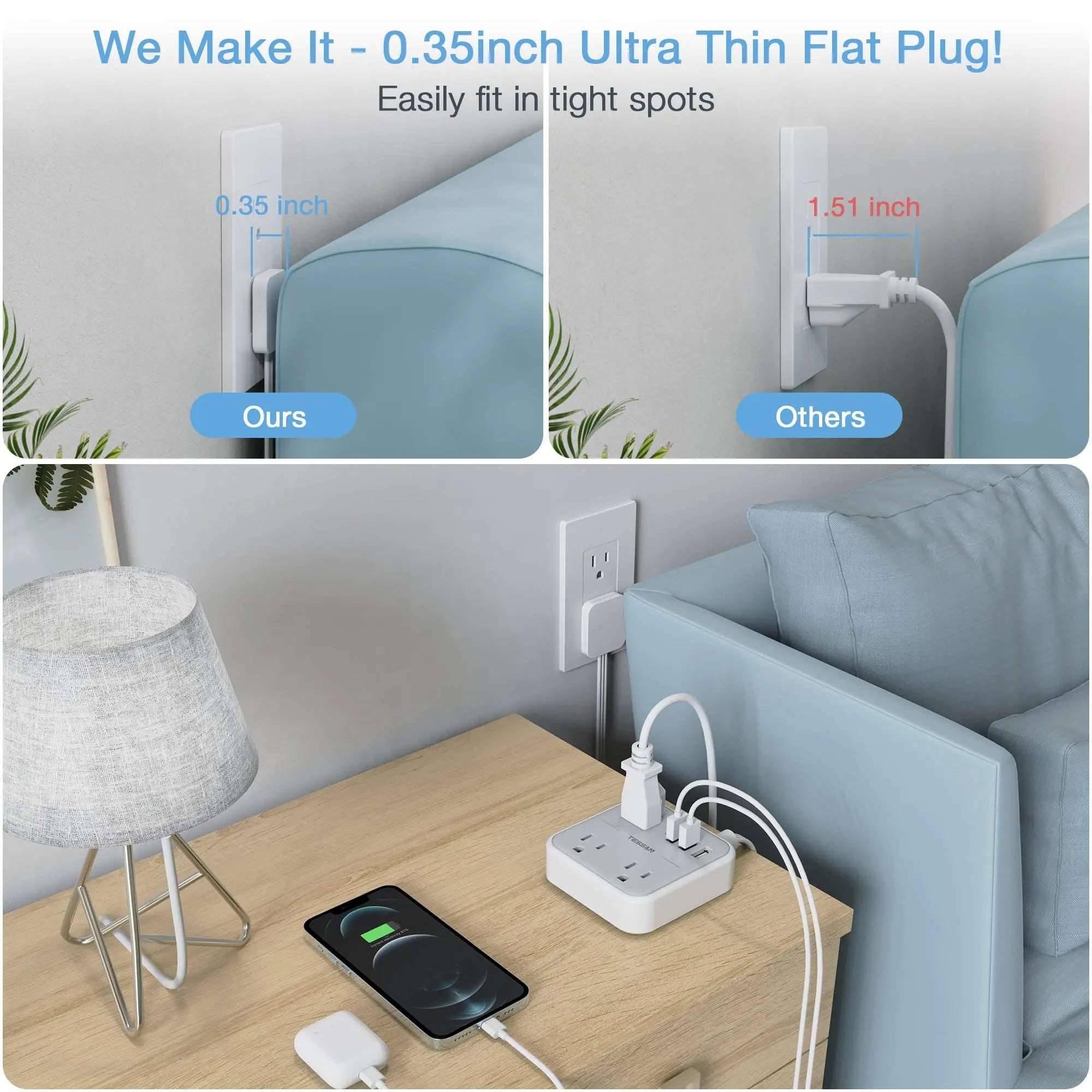 Ultra Thin Flat Extension Cord & Flat Plug Power Strip with USB Ports - TheWellBeing4All