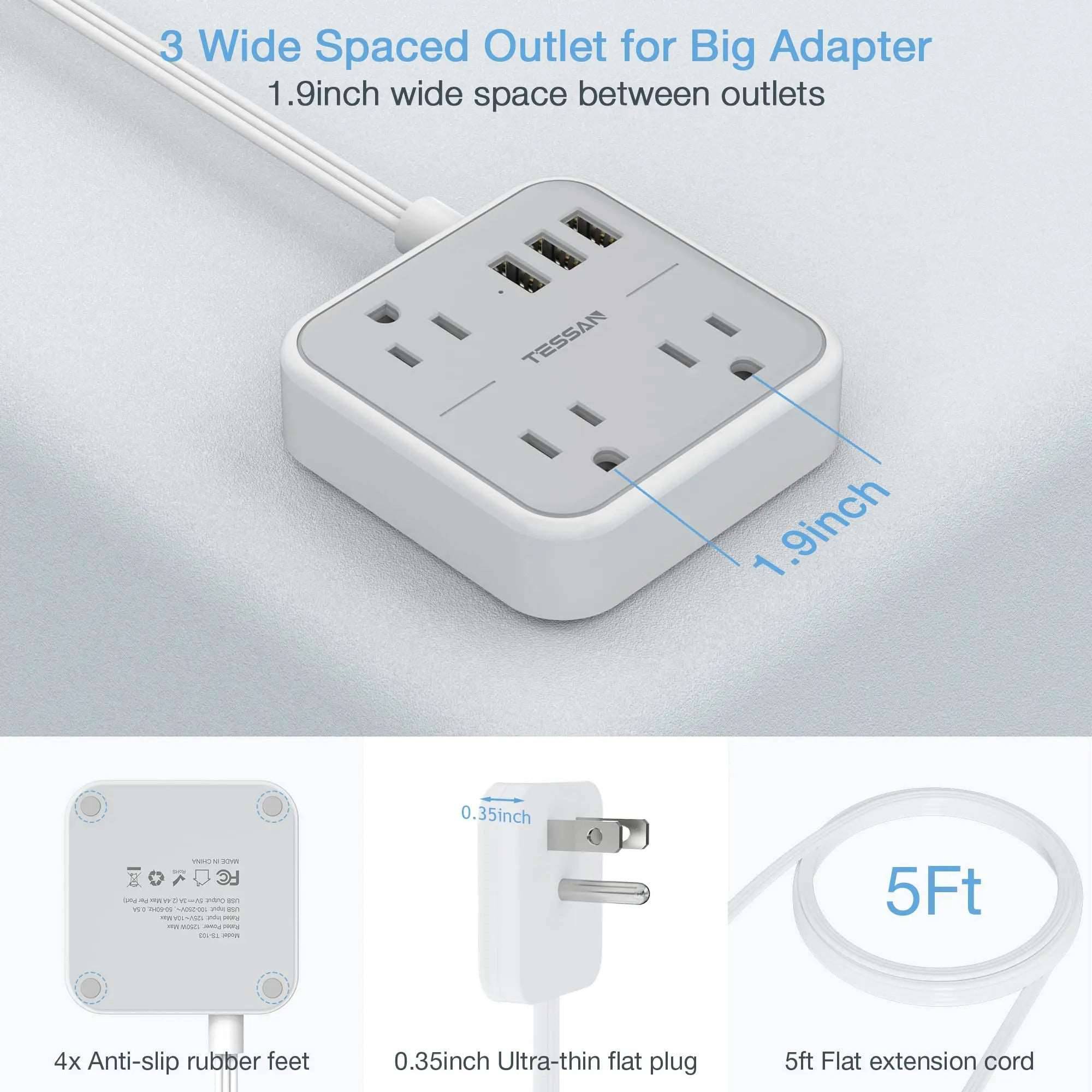 Ultra Thin Flat Extension Cord & Flat Plug Power Strip with USB Ports - TheWellBeing4All