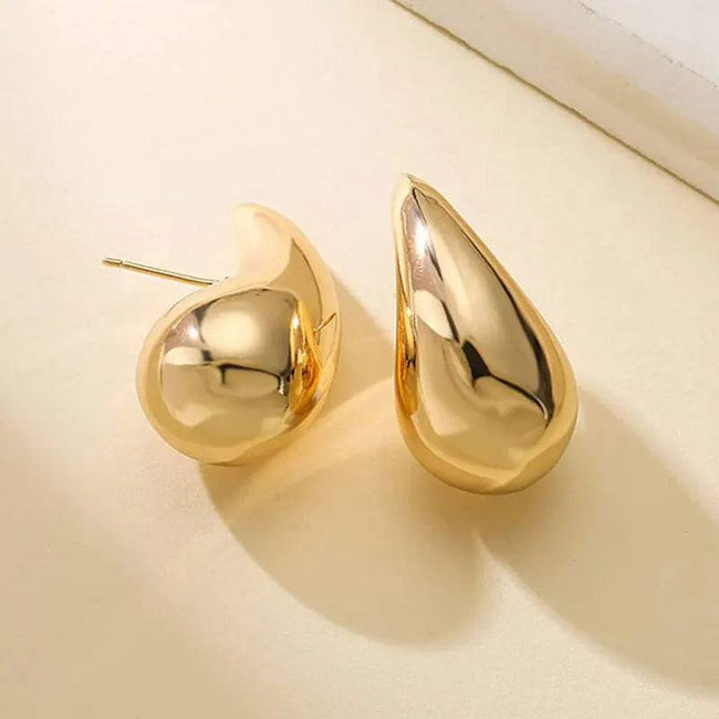 Vintage Gold Color Plated Chunky Dome Drop Earrings for Women - Glossy Stainless Steel Thick Teardrop Earring - TheWellBeing4All