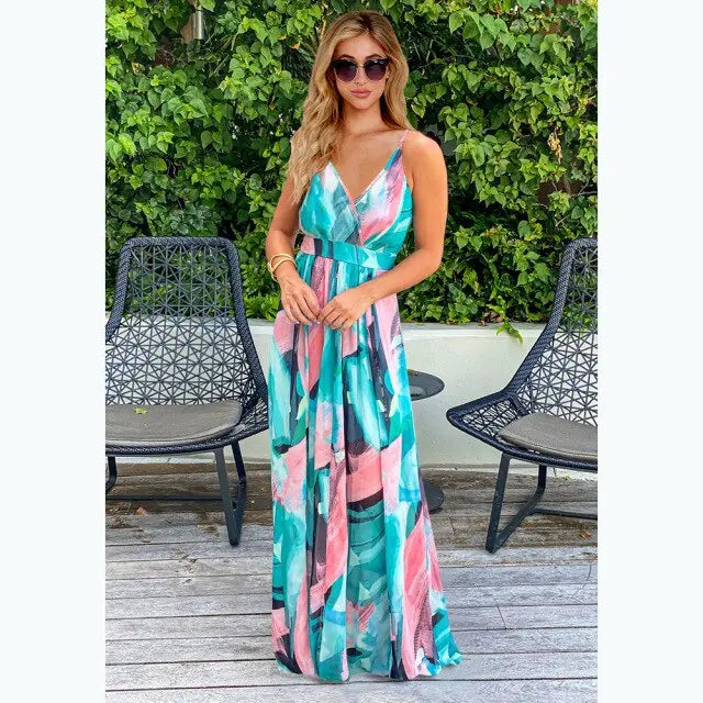 Deep V Neck Leopard Print Dress Elegant Beach Holiday Maxi Long Dress Lace Up Vest - The Well Being The Well Being FZ003-Blue / 4XL Ludovick-TMB Deep V Neck Leopard Print Dress Elegant Beach Holiday Maxi Long Dress Lace Up Vest