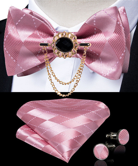 Pink Plaid Solid Tie Bow Tie Silk Jacquard Woven - The Well Being The Well Being HL-3032-0009 203221806 Ludovick-TMB Pink Plaid Solid Tie Bow Tie Silk Jacquard Woven