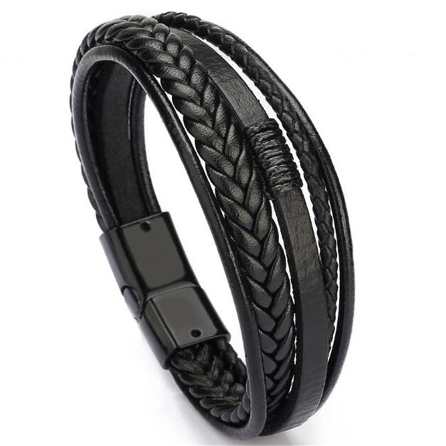 Trendy Genuine Leather Bracelets Men Stainless Steel Multilayer Braided Rope Bracelets - The Well Being The Well Being H22228 / China Ludovick-TMB Trendy Genuine Leather Bracelets Men Stainless Steel Multilayer Braided Rope Bracelets