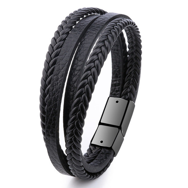 Trendy Genuine Leather Bracelets Men Stainless Steel Multilayer Braided Rope Bracelets - The Well Being The Well Being H24026 / China Ludovick-TMB Trendy Genuine Leather Bracelets Men Stainless Steel Multilayer Braided Rope Bracelets