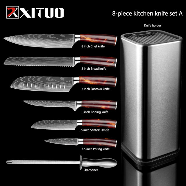 Professional Stainless Steel Knife Set - Chef, Santoku, Cleaver, Slicing, and Utility Knives with Resin Handles - The Well Being The Well Being HSZJD-8PCDZ-A / Brazil Ludovick-TMB Professional Stainless Steel Knife Set - Chef, Santoku, Cleaver, Slicing, and Utility Knives with Resin Handles