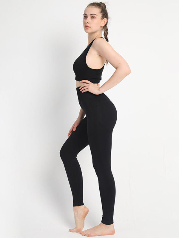 Women's Seamless Dotted Two-piece Peach Hip Trousers Racerback Bra Vest Sports Suit - The Well Being The Well Being Black / S The Well Being Women's Seamless Dotted Two-piece Peach Hip Trousers Racerback Bra Vest Sports Suit