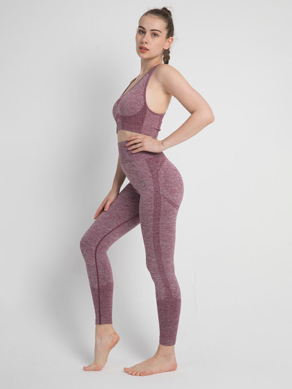 Women's Seamless Dotted Two-piece Peach Hip Trousers Racerback Bra Vest Sports Suit - The Well Being The Well Being Wine Red / S The Well Being Women's Seamless Dotted Two-piece Peach Hip Trousers Racerback Bra Vest Sports Suit