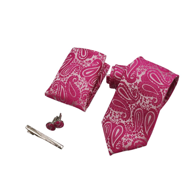 Tie set with Pink Paisley Tie, Tucker Clip, Hankies and Cuff links Gift Set for Men Wedding Party - The Well Being The Well Being S24 Ludovick-TMB Tie set with Pink Paisley Tie, Tucker Clip, Hankies and Cuff links Gift Set for Men Wedding Party